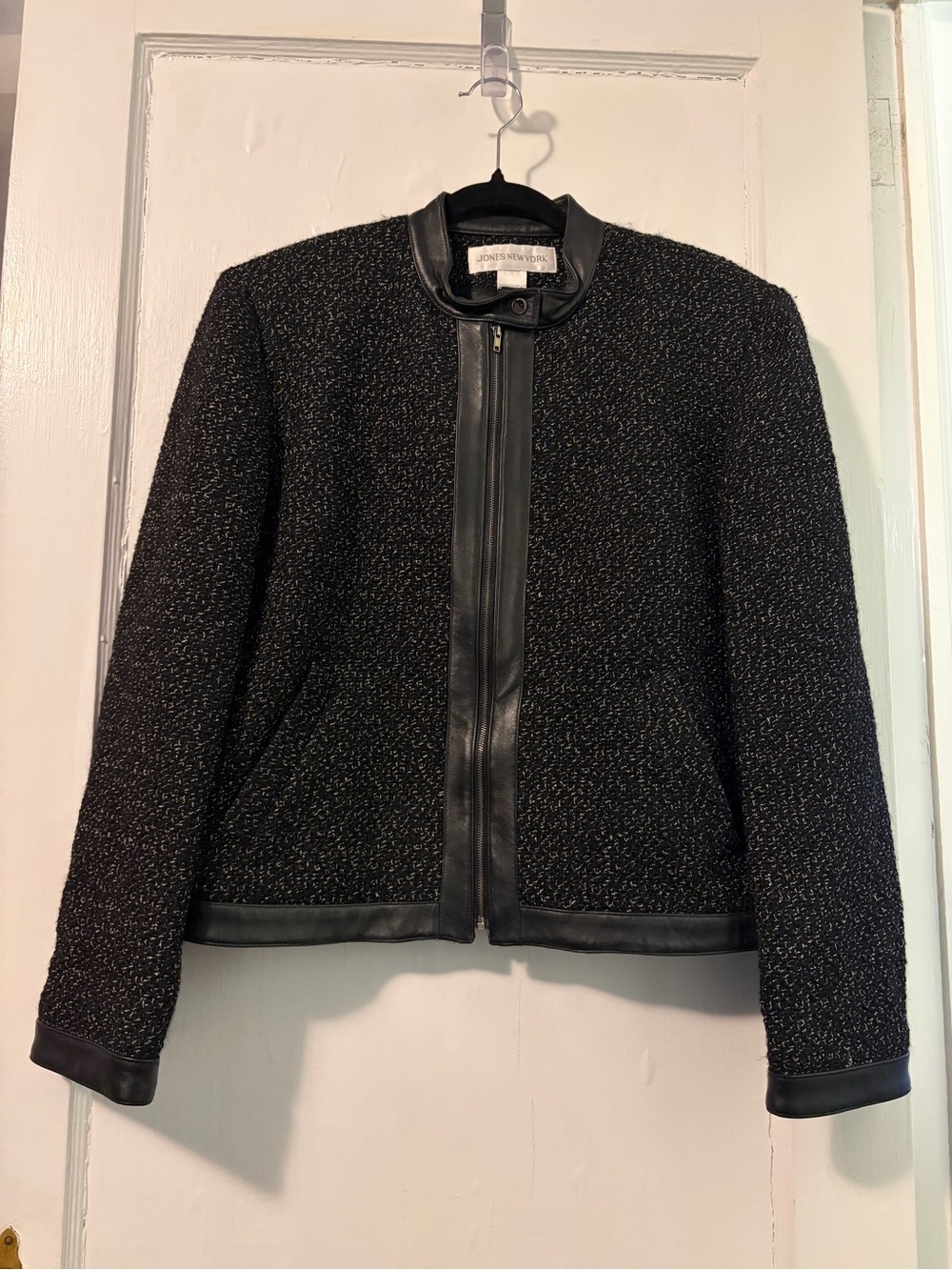 Jones New York Black Tweed Jacket with Leather Trim Accents